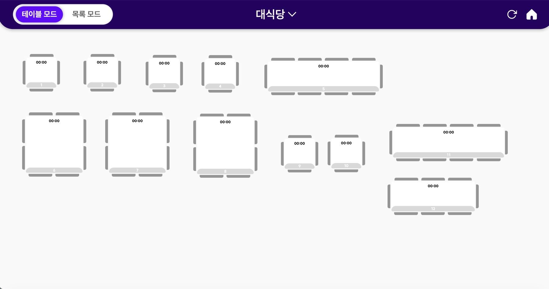 같은 배치가 매장 운영 화면으로 그대로 이어진다. 편집기에서 옮긴 자리가 주문·경과시간이 뜨는 실제 테이블 화면이 된다.